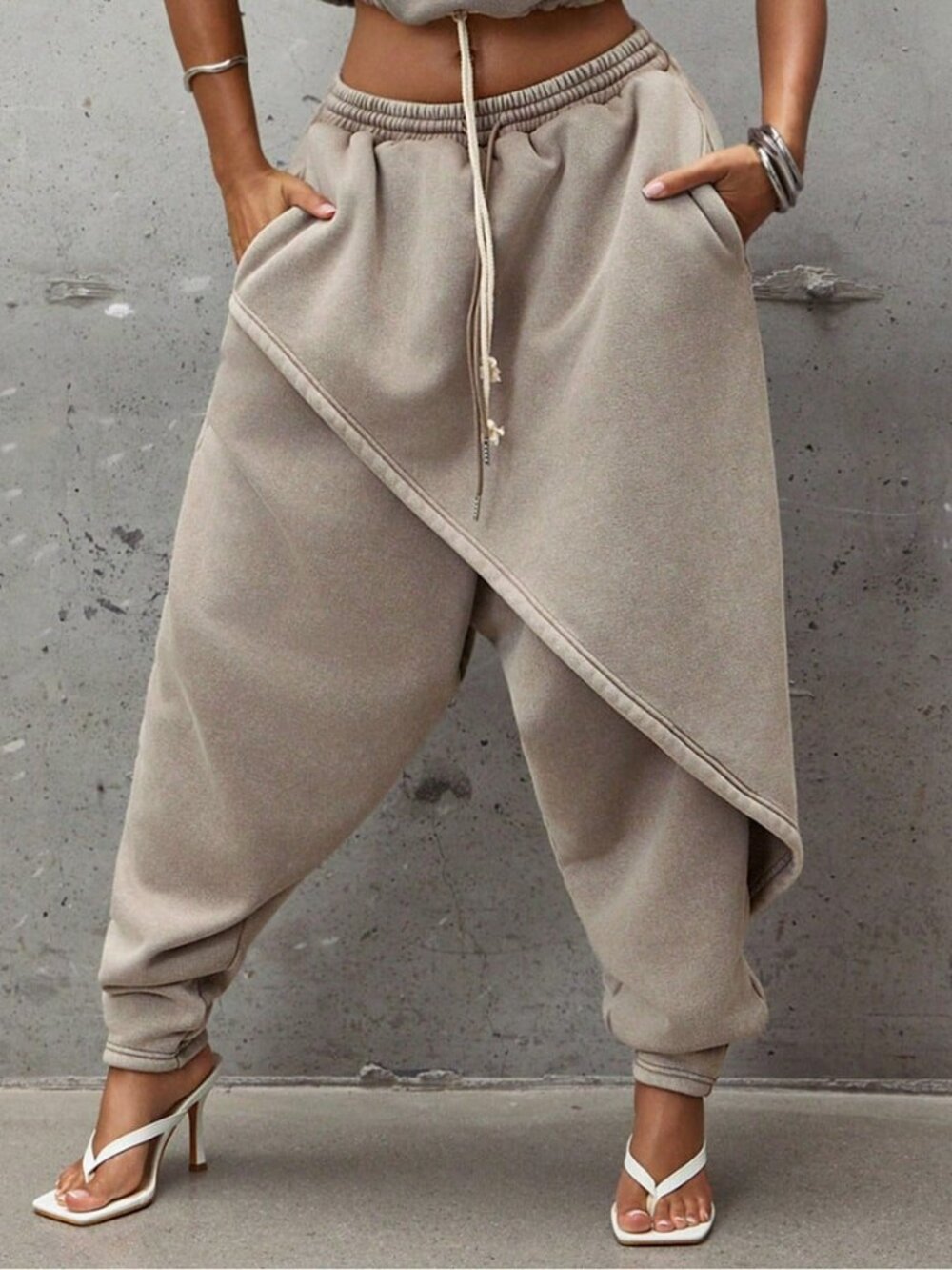 Grey Casual Women's Drawstring Pocket Layered Detail Long Loose Harem Sweatpants